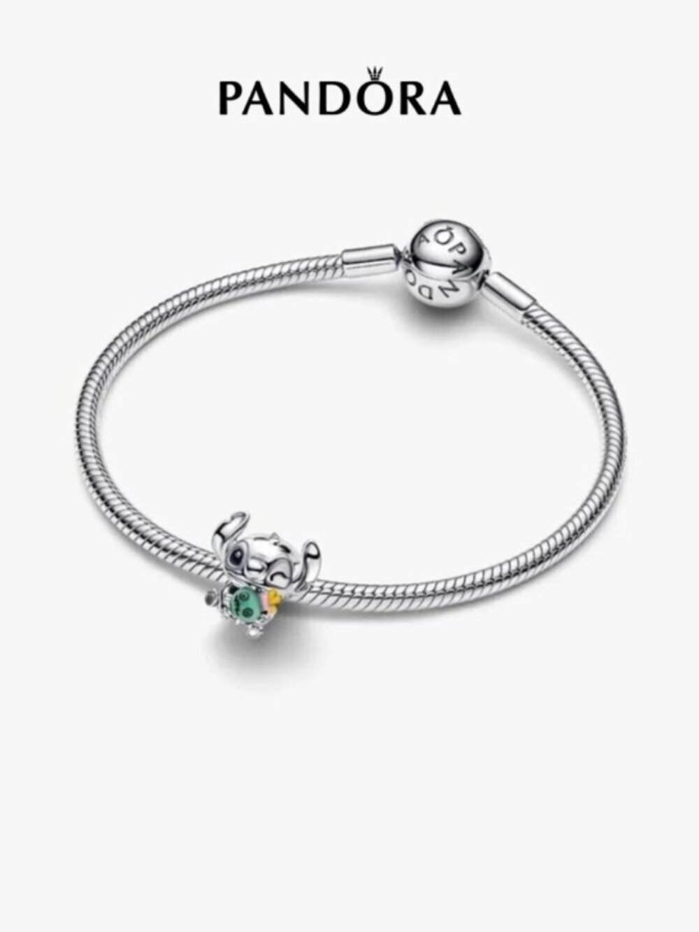 Pandora Sterling Silver Snake Chain Bracelet with Green and Yellow Stitch Charm
